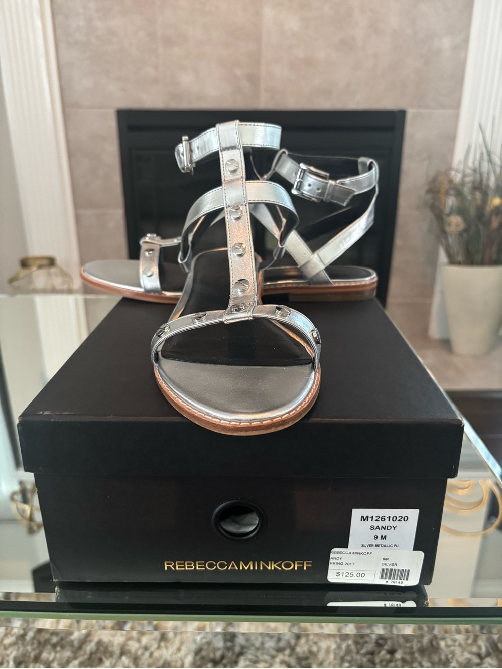 Rebecca Minkoff Metallic Silver Studded T-Strap Sandals